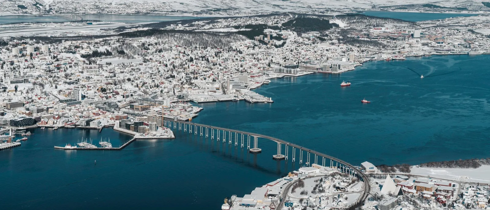 The Tromsø bridge curving across the sound in clear winter daylight, the snow-covered island and mainland ranges behind.